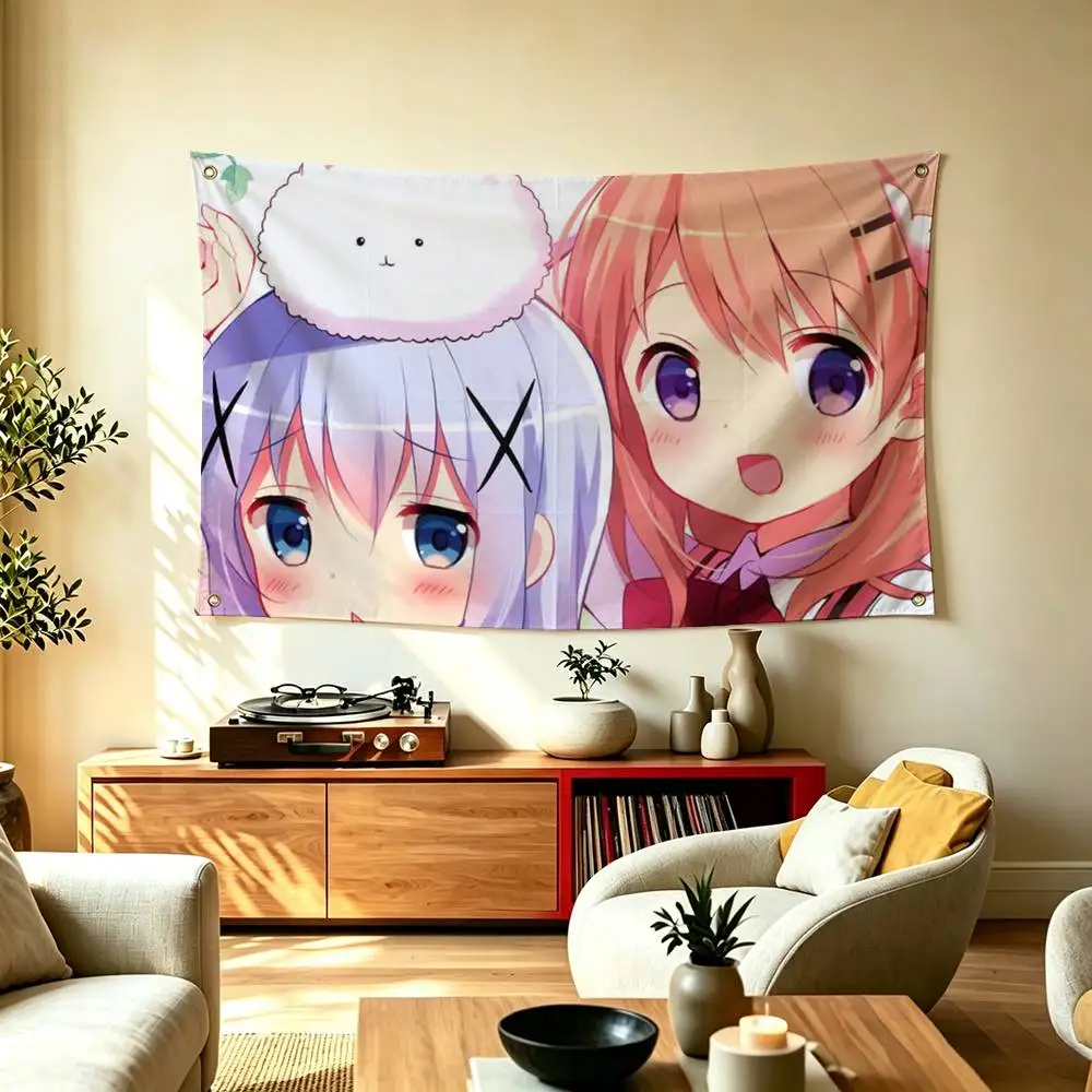 Is the Order a Rabbit Anime  Flags Wall Hanging Tapestry Outdoor Garage Room Decorative flag Background Blanket