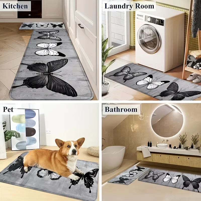 Black White Butterfly Kitchen Rug Non-Slip Washable Floor Mat Butterfly Kitchen Hallway Diatom Mud Water Absorbent Carpet