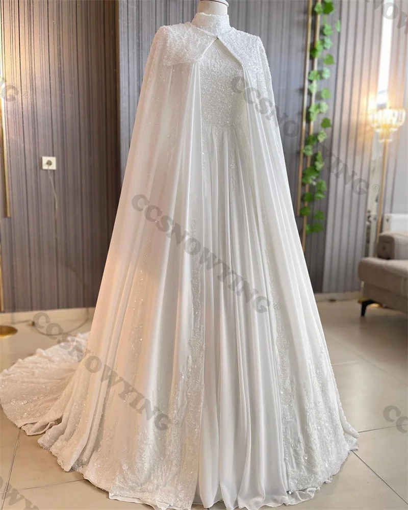 Robe de mariée musulmane en mousseline de soie avec appliques à paillettes, hijab à manches longues avec cape, patients islamiques, quel que soit le col haut, robe arabe