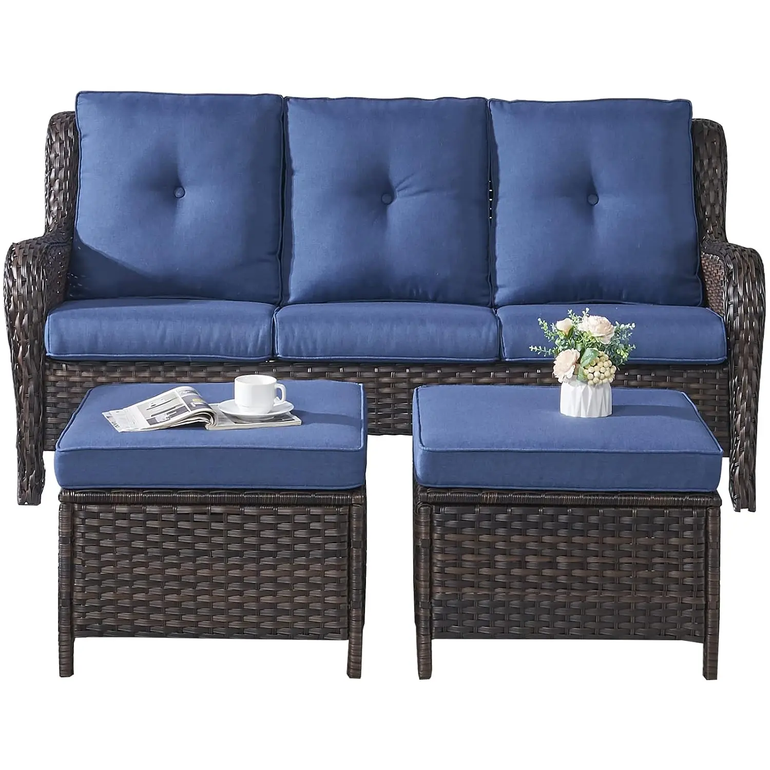 Large 3 Seater Wicker Patio Sofa with Ottoman, 4in Replaceable Cushions, Deep Seating, All Weather Backyard Garden Poolside, Cus
