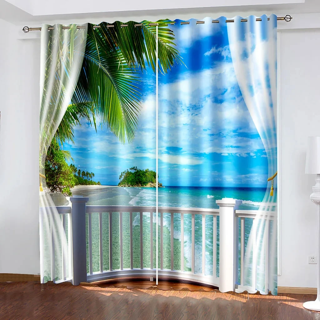 Natural Seaside Scenery 3D Landscape Modern Blackout Curtains Window For Living Room Bedroom Curtain Home Decor Kitchen Drapes