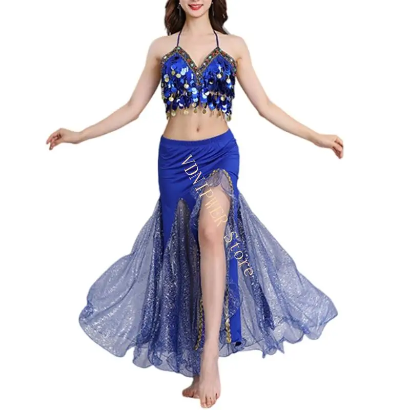 Zwarte rekbare buikdansoutfit gloeiende verfraaiingen Fringe Design Stage Show Ensemble D08E