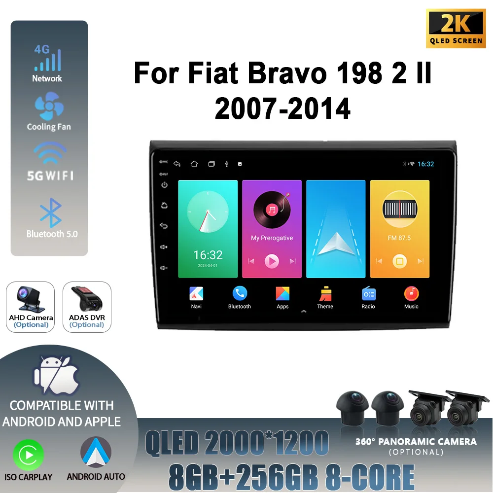 Android 14 สําหรับFiat Bravo 198 2 II 2007-2014 Wireless Carplayสเตอริโอหน้าจอ 4GรถวิทยุมัลติมีเดียนําทางWIFI