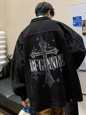 

Waed Denim Jaet Men's Autumn Winter New Sle American Retro Workwear Coat Cross Collar Jeans Jaet for Teenagers