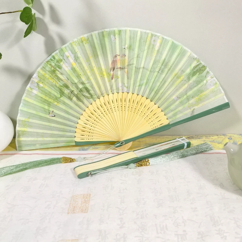 Bamboo Folding Fan with Painted Finish Flower Bird Pattern for Hanfu Cheongsam Stage Performance Photography Prop Daily Fan Gift