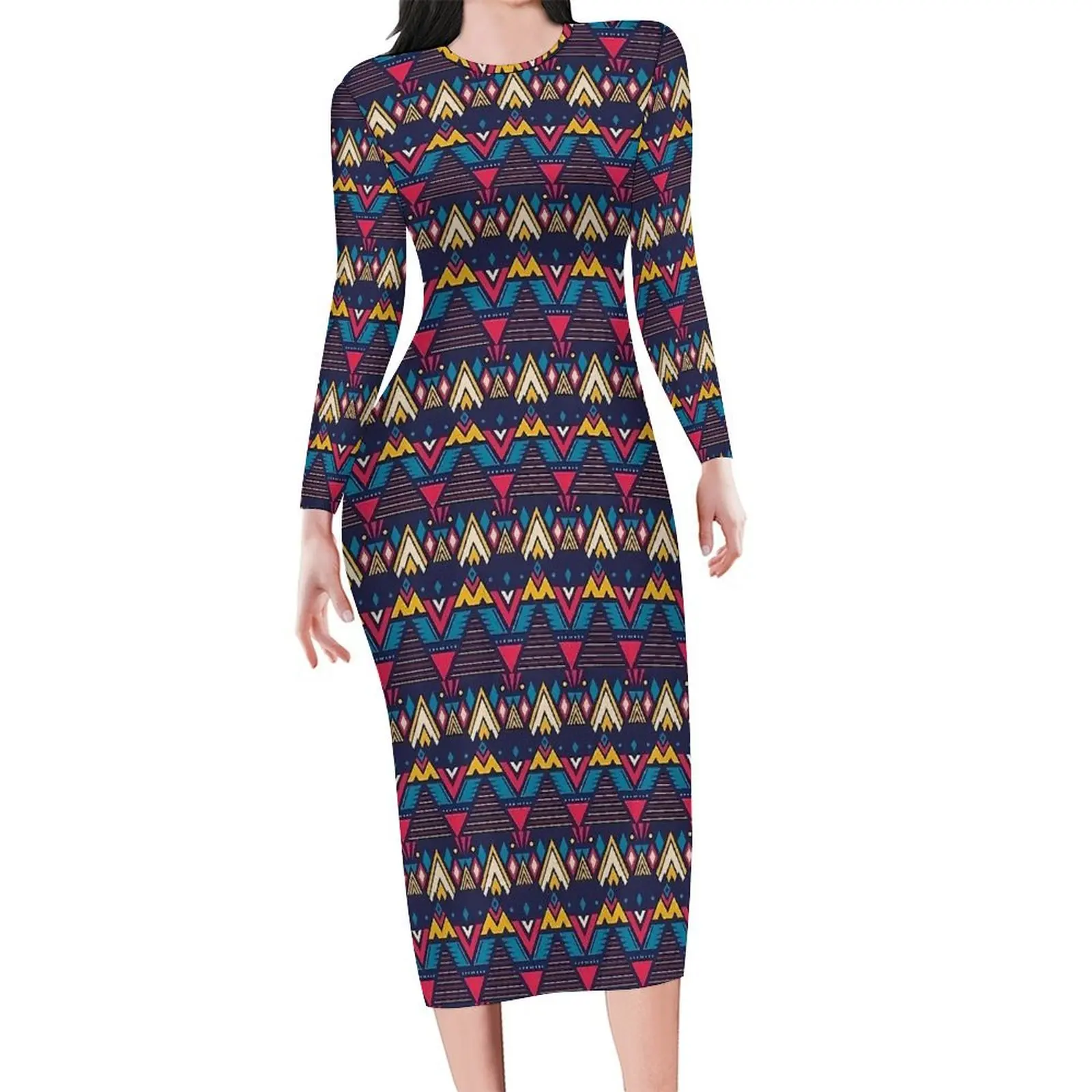 Aztec Art Dress Long Sleeve Purple Vintage Print Pretty Dresses Summer Ladies Aesthetic Pattern Bodycon Dress Big Size 4XL 5XL