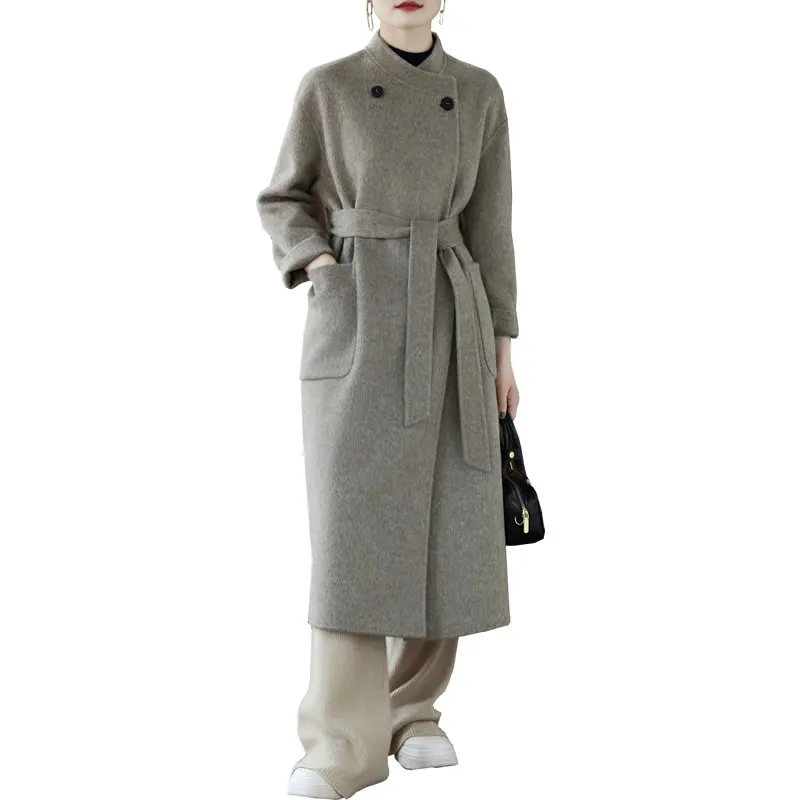 

2025 Newest Women's Coat Autumn Winter Thick 100% Pure Wool Double-Sided Woolen Coat Round Neck Belted Loose Women's Wear