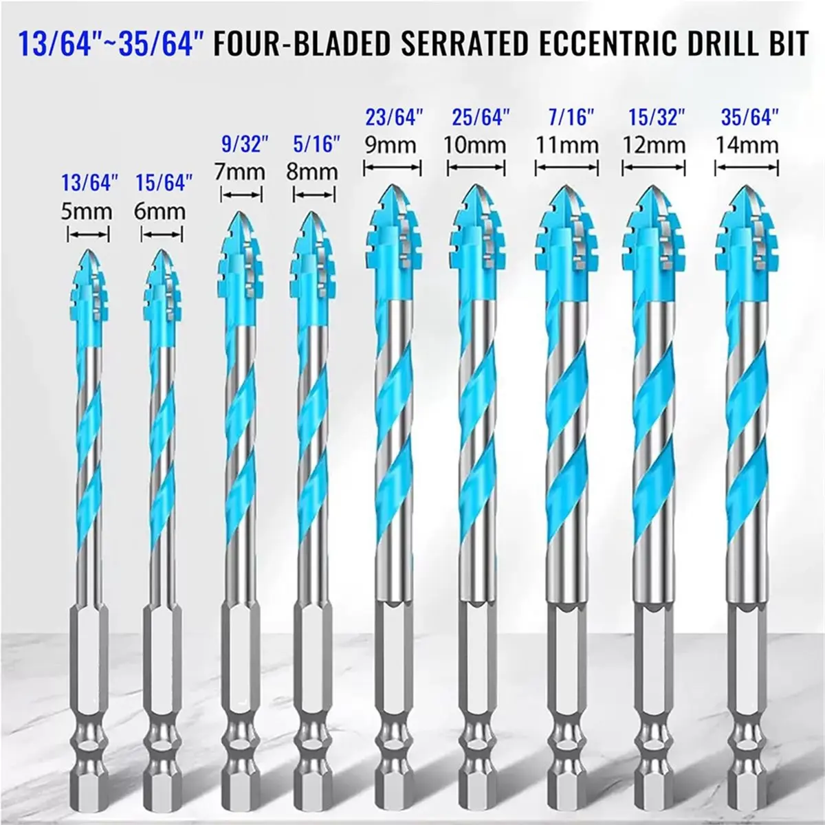 Budget-Friendly-9PCS 4 Blade Serrated Eccentric Drill Bits, Hard-Wearing/High-Hardness Carbide Twist Drill for Concrete/Tile