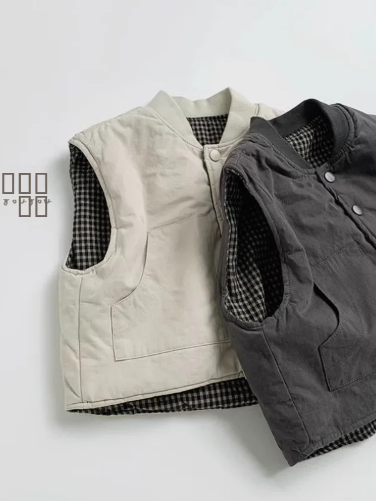 

Двусторонний теплый хлопковый жилет в клетку для детей, зимний, в корейском стиле, модный топ с открытыми плечами