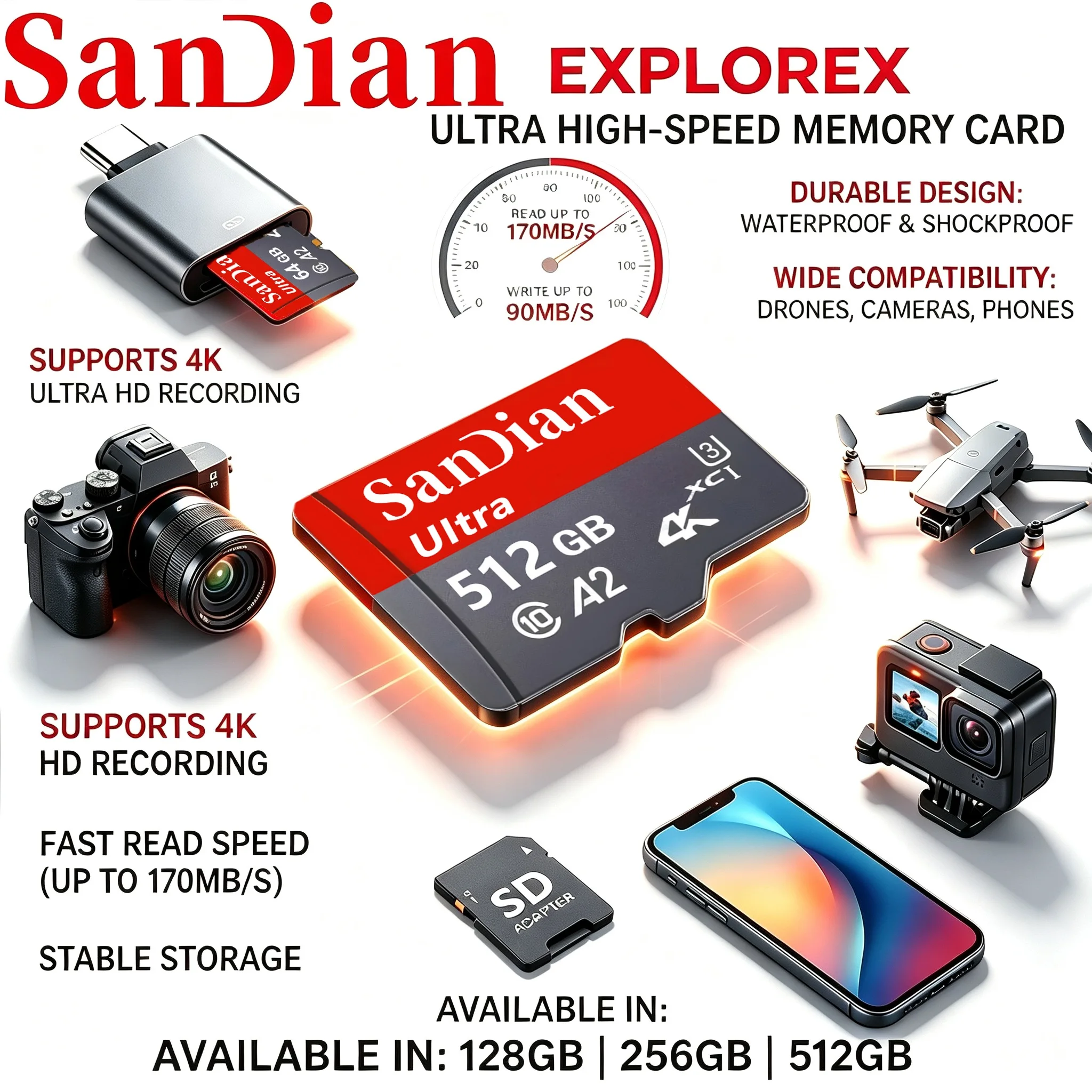 Stable SD Cards 512GB 128GB Memory Card 64GB 256GB Micro TF SD Card 32GB TF Cards A2 for Laptop/Smart TV/E-Reader/PC Mac/Toy