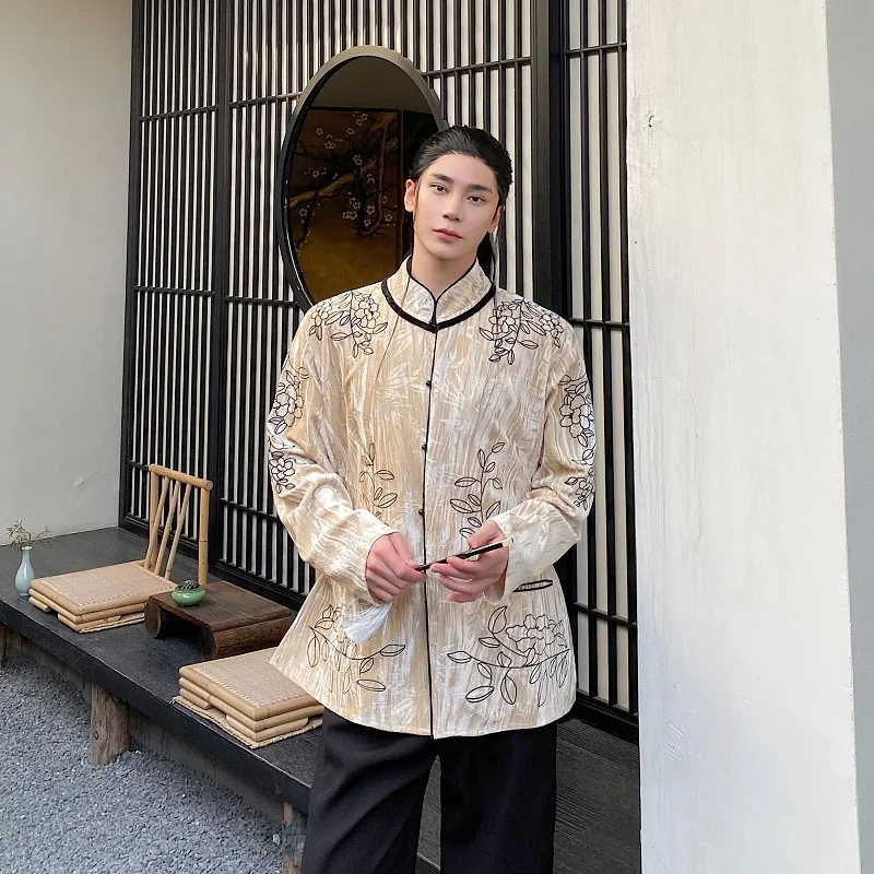 

Вельветовая блузка с цветочным узором и длинными рукавами, воротником-стойкой, в китайском стиле, верхняя одежда в стиле ретро, топ в стиле дзен, молодежная мода