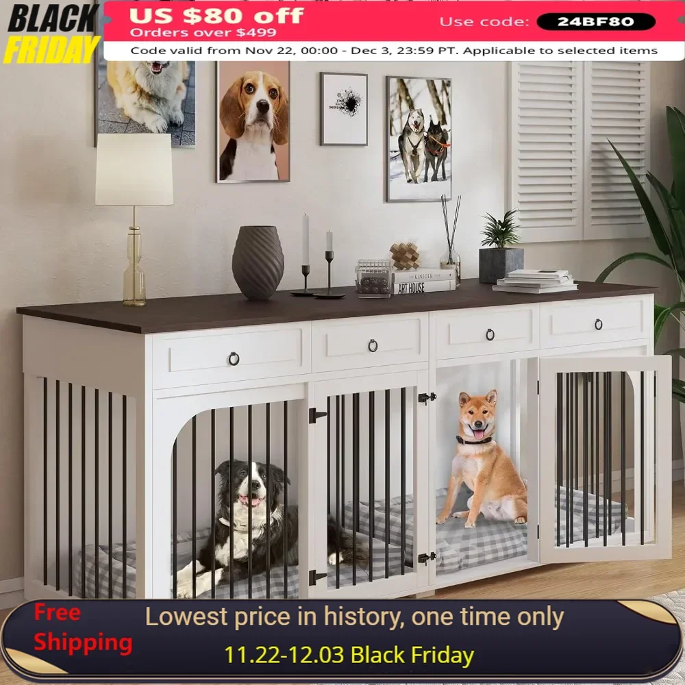 

86.6" Dog Crate Furniture for Large Breeds, Wooden Double Dog Crates Kennel Cage Furniture Style TV Stand Side End Table