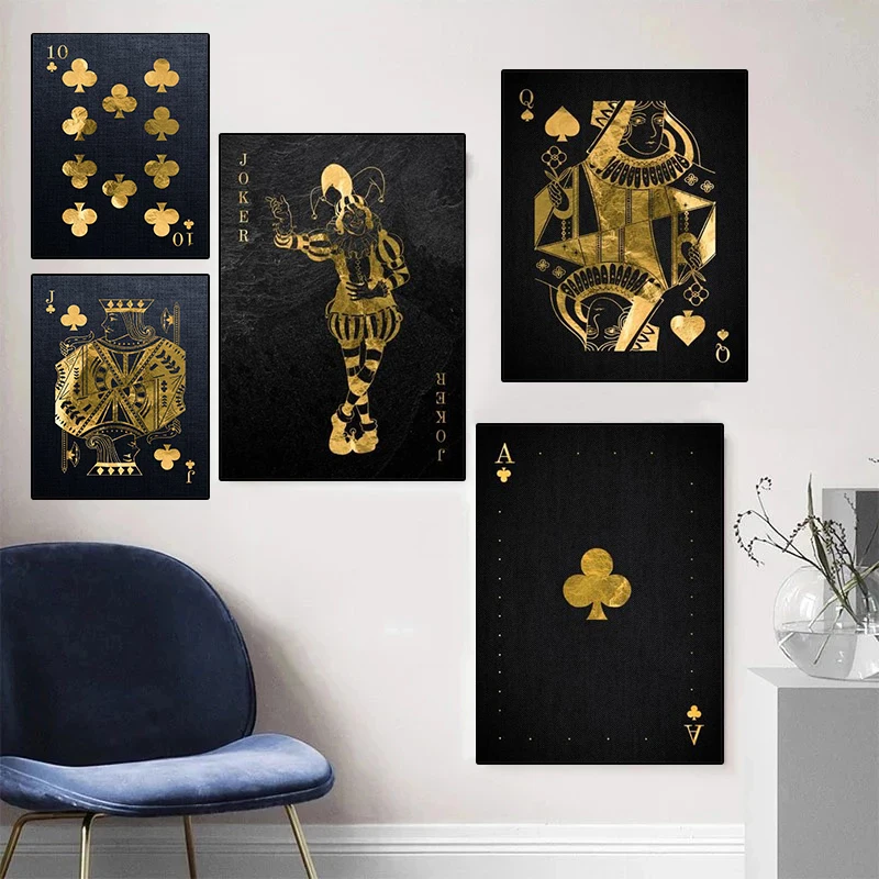 Golden Playing Cards Joker Canvas Paintings The King of Poker Posters and Prints Wall Art Pictures for Living Room Decor Cuadros