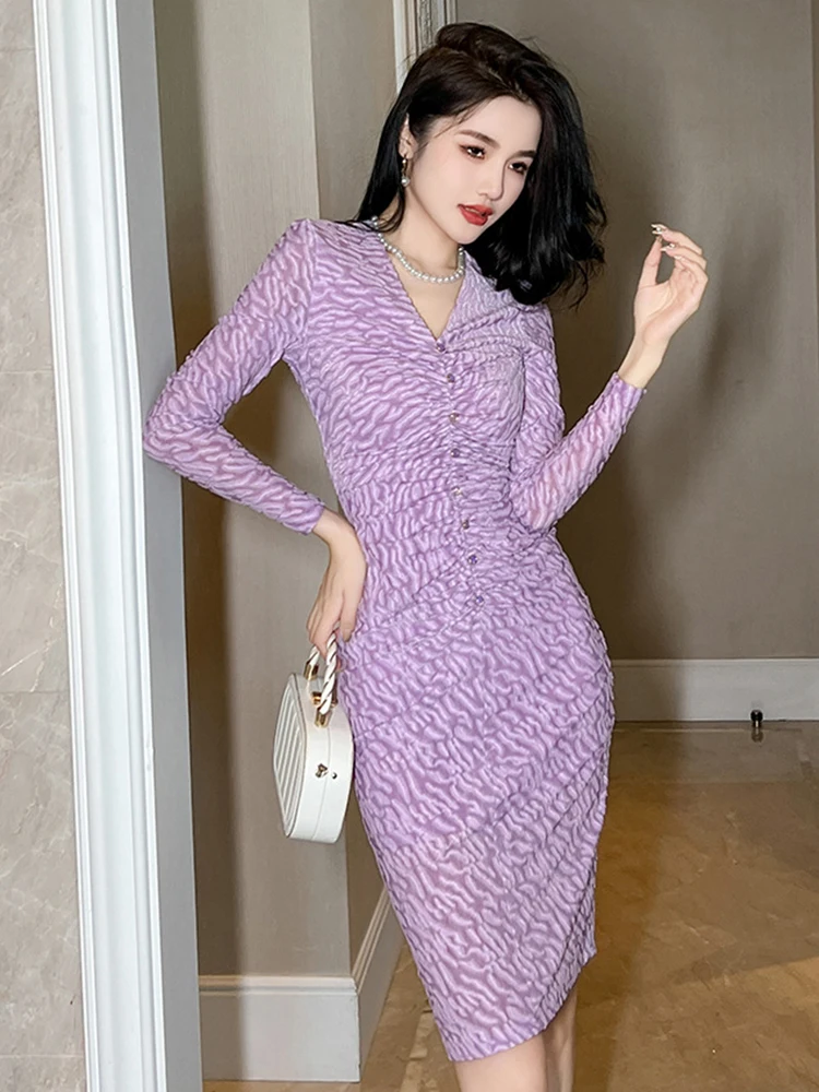 Neue Mode lila Samt dehnbare Kleider Damen bekleidung elegante Damen Vintage Langarm V-Ausschnitt dünnes Kleid Mujer Vestidos