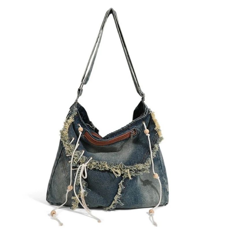 Bolso vaquero Retro con borlas para mujer, bolsa de hombro versátil, gran capacidad, novedad de 2024