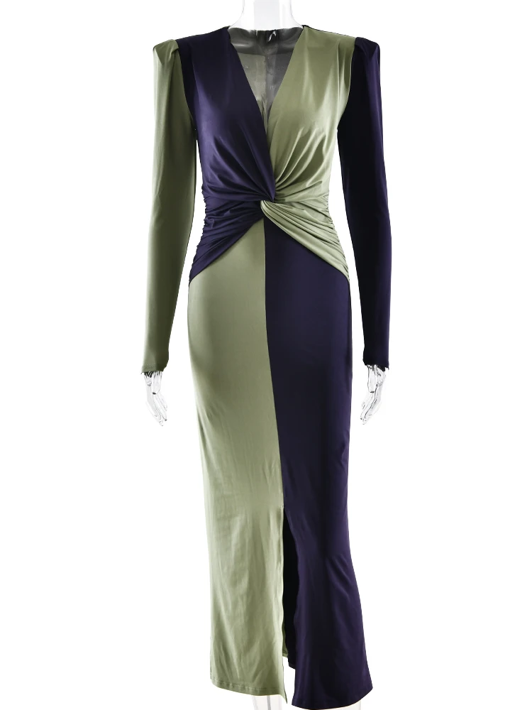 XIAOTANG エレガントなノースリーブカラーブロック長袖ドレス女性のセクシーな V ネックボディコンパーティーイブニングドレス冬の新しい Vestidos 2026