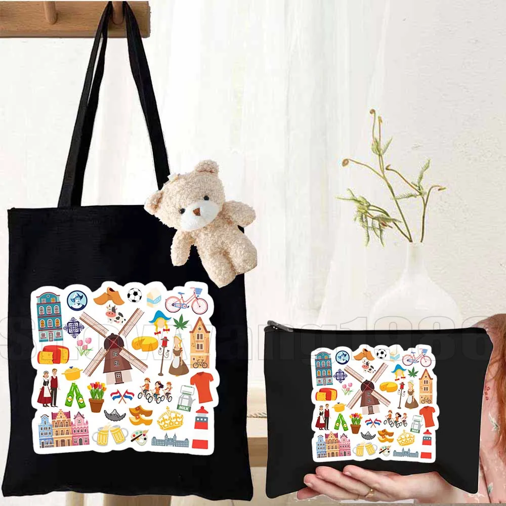 3pcs Brazil Canada France Germany Greece Canvas Tote Bag Sweden Italy Mexico Russia USA Japan Travel Icons Shopping Eco Handbag
