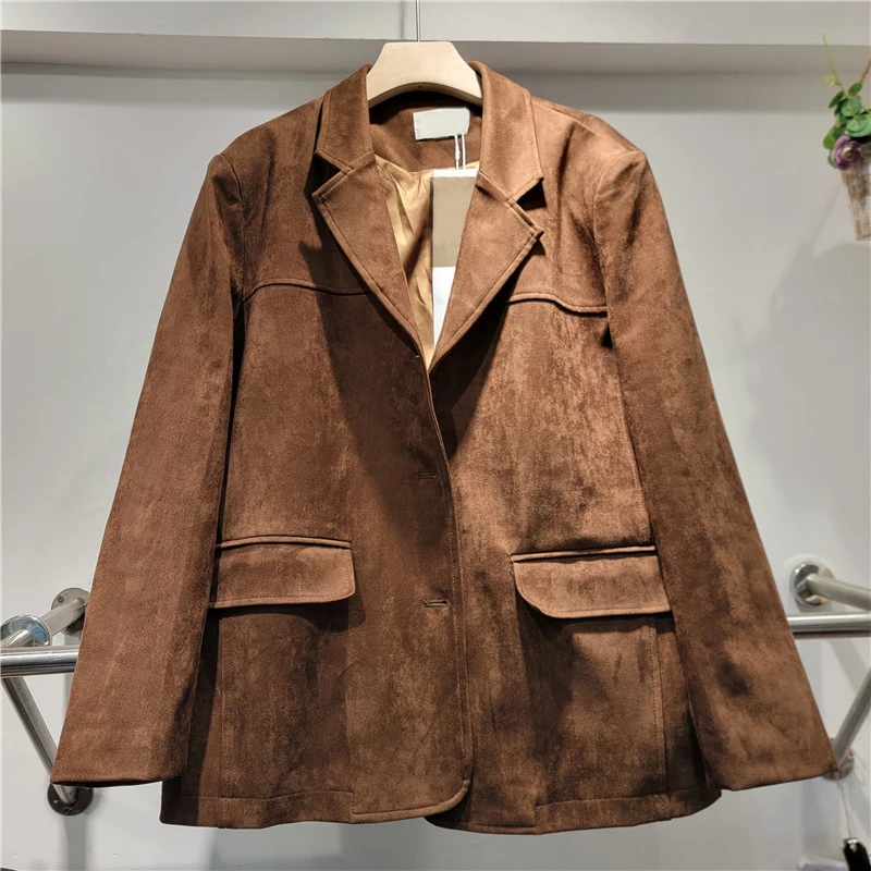 DEAT Women\'s Suede Blazer Brown Khaki Notched Collar Single Breasted Long Sleeve Vintage Suit Jackets 2024 Autumn New Fashion