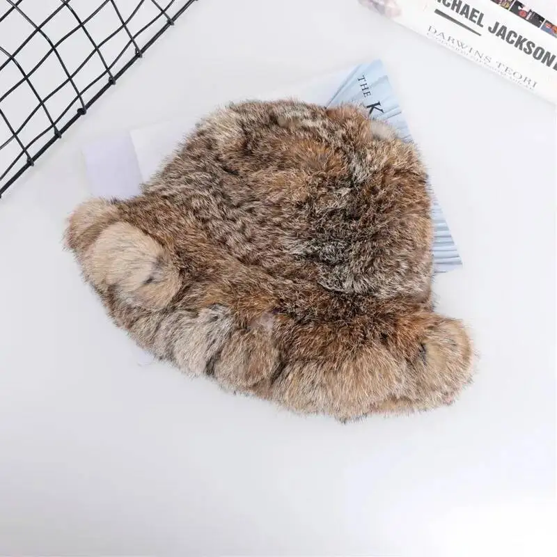 Real Rex Rabbit Fur Hat Women's Winter Knitted Hat Fashion Bucket Hats Warm Thickened Ear Protection Caps Russians Bomber hats