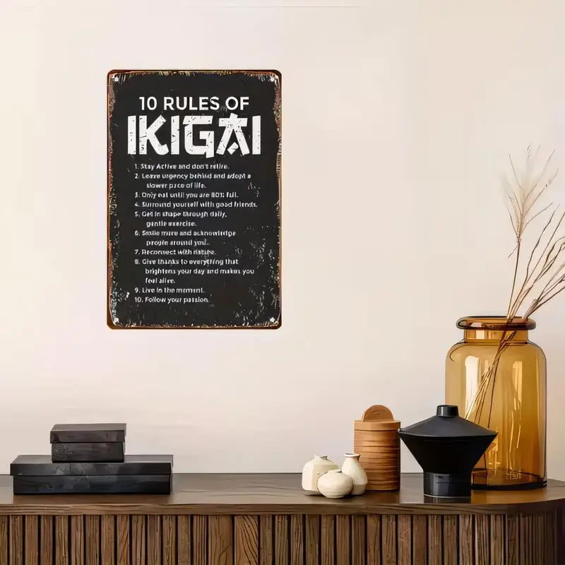 Vintage Distressed 10 Rules of Ikigai Metal Tin Sign - Black Retro Wall Art, Iron Decor for Home Office Zen Space