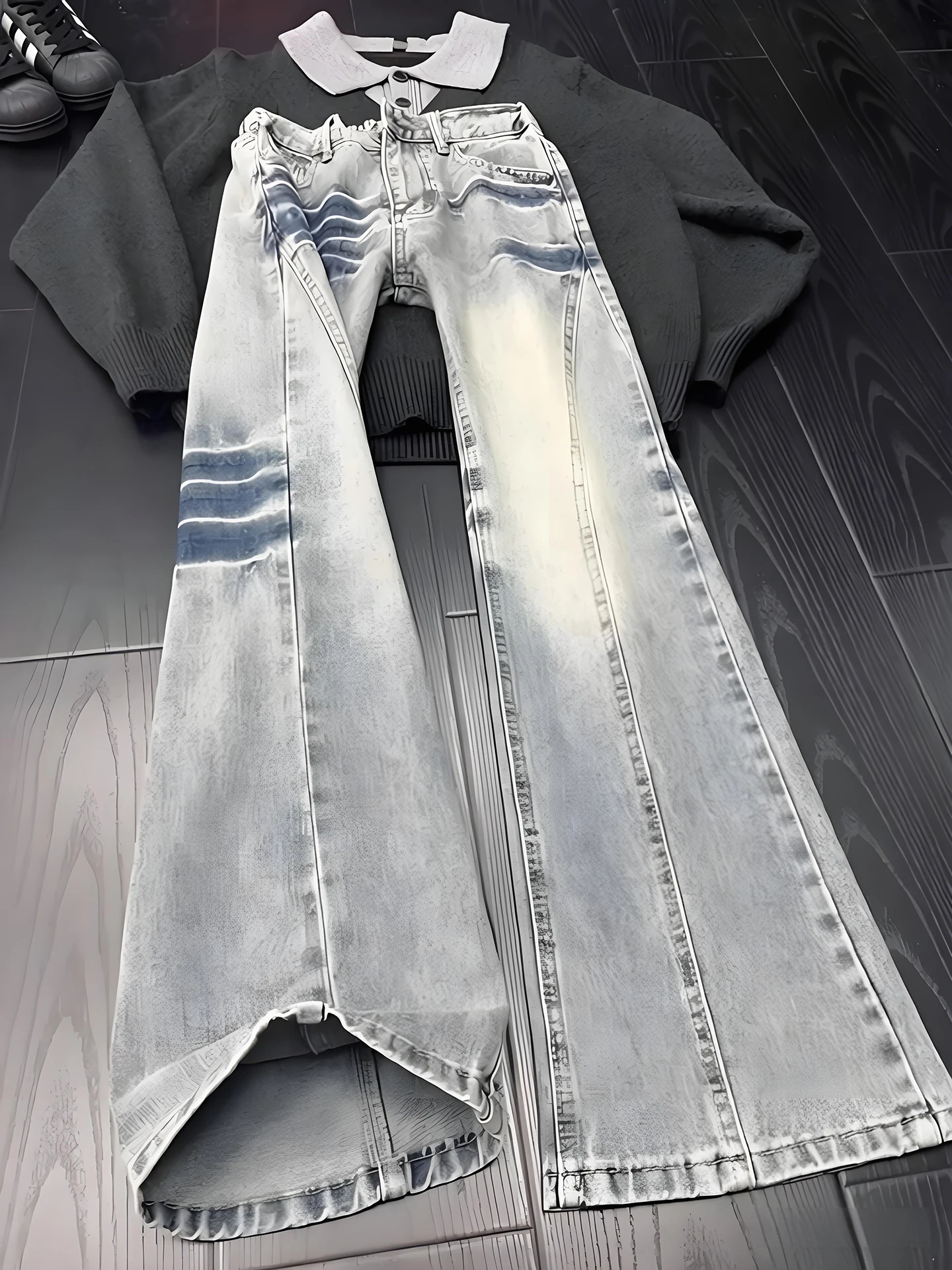 

Blue Slanted Cut Knife Jeans Men's Autumn Winter American High Street Straight Workwear Pants Color Colion Slimming Flared...