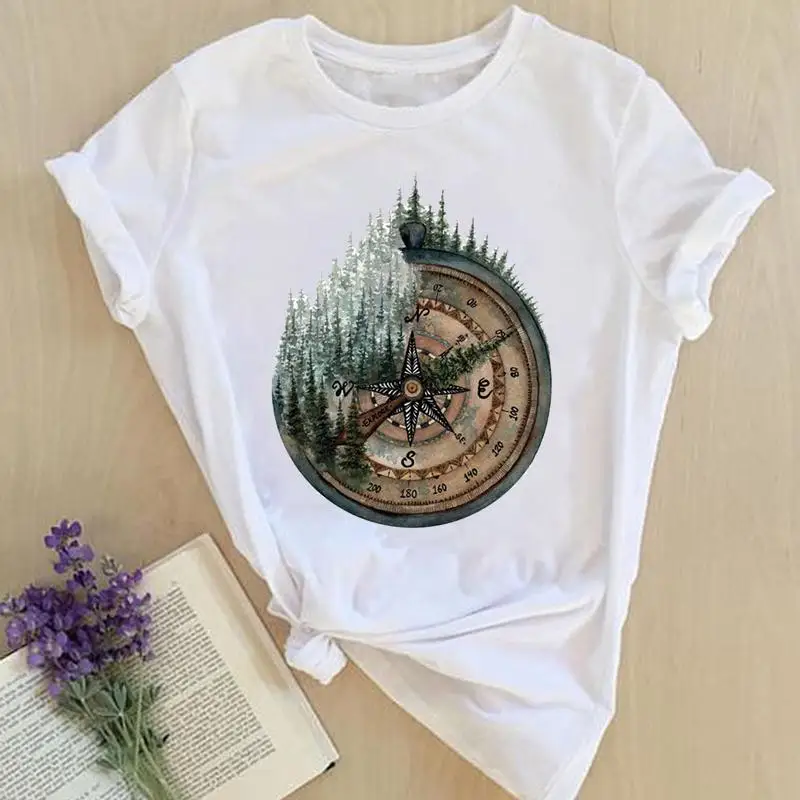 Women Forest Adventure Mountain Print Tops Clothes Short Sleeve Tees Female Ladies Summer Fashion Lady Tshirt Graphic T-Shirt