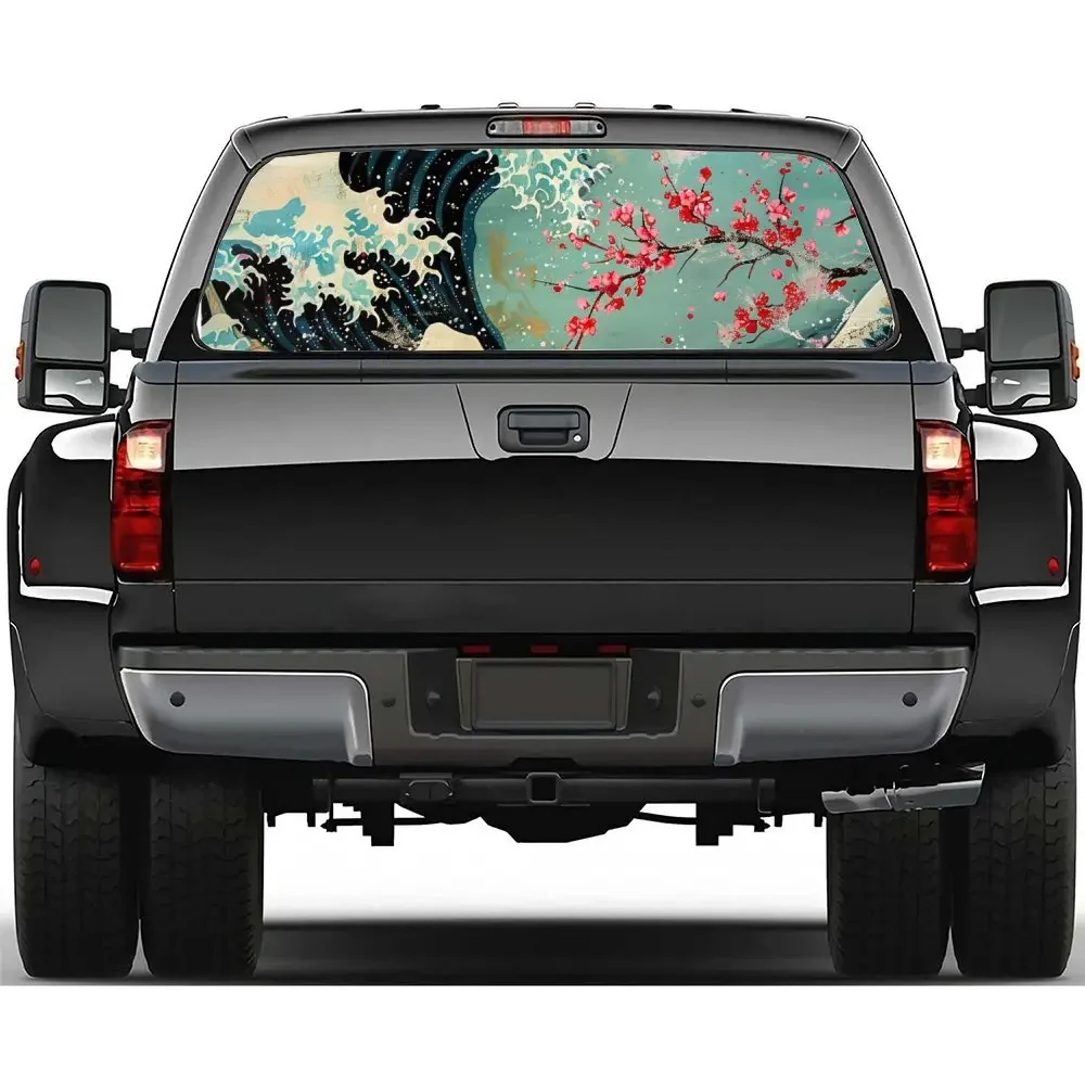 Japanese Wave Plum Blossom Car Vinyl Wraps Car Rear Windshield Sticker Truck Window See Through Perforated Back Window Vinyl Dec