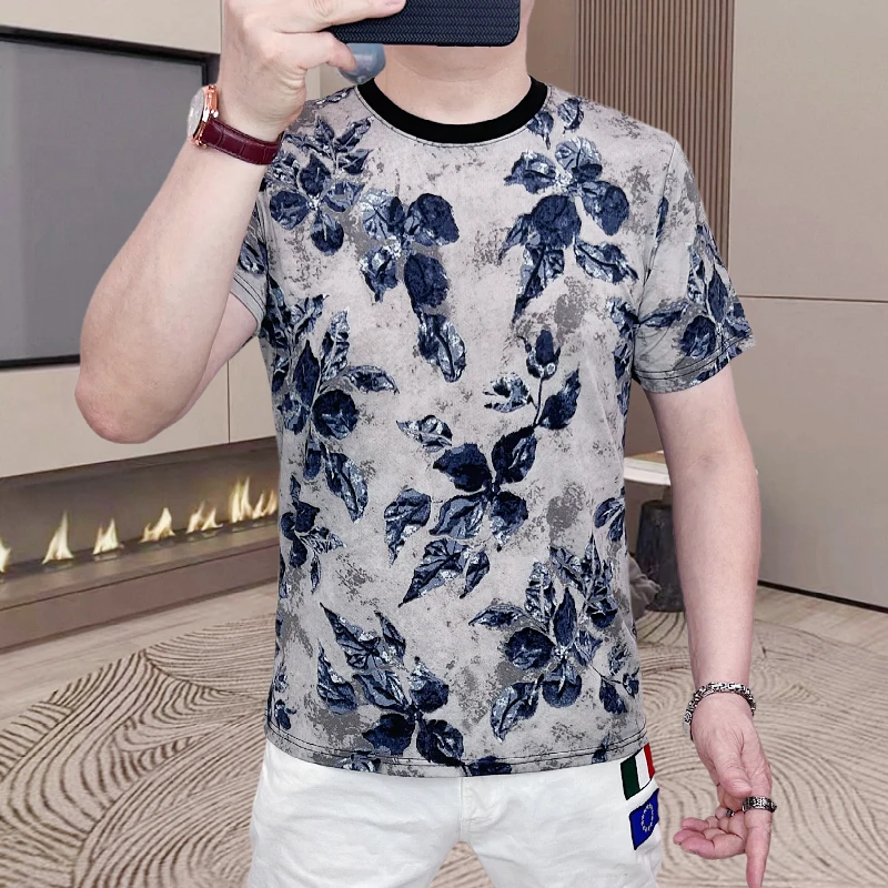 

2025 Summer Fashion Hollow Breathable Mesh T-shirt Men Flower Jacquard Short Sleeve Casual Tshirts Street wear Social tee top