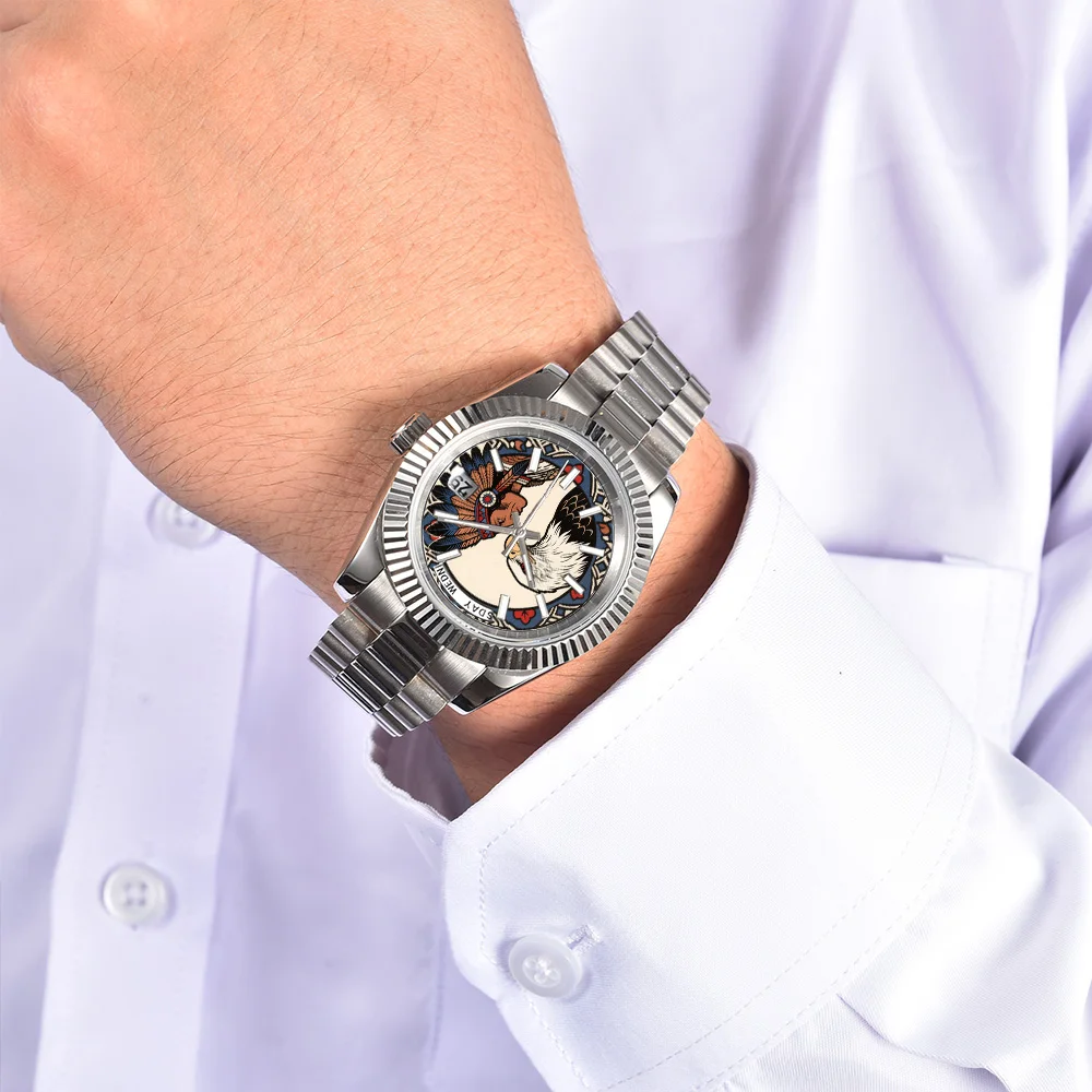 36mm/40mm Creativo personalizzato 8285 orologio Stampa modello a colori Orologio da uomo quadrante Blu luminoso Miyota8285 Movimento orologio fai da te per uomo