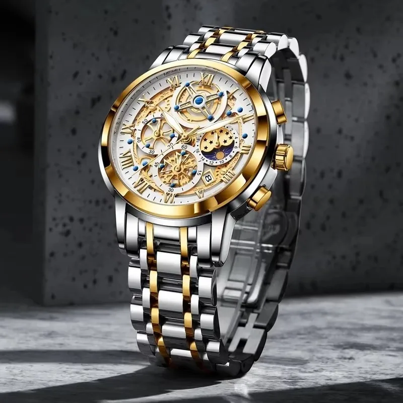 LIGE Top Brand Orologi da uomo Orologio al quarzo impermeabile di lusso per uomo Orologio da polso maschile stile moda scheletro in oro Reloj Hombre