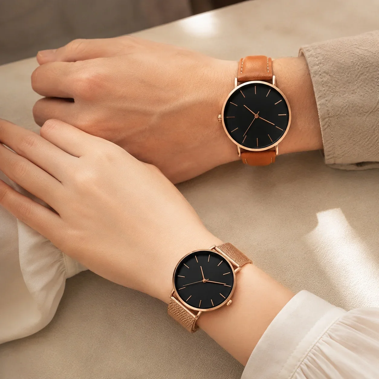 Luxury Simple Couple Watches Set 2Pcs Thin Round Dial Mesh Strap & Leather Band Quartz Wristwatches For Men Women Couple Gift