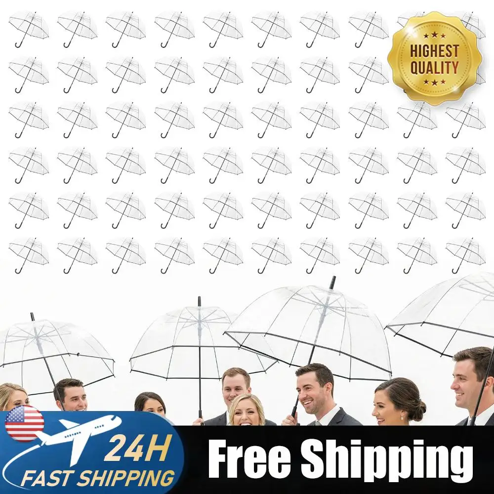 

60pcs Transparent Rain Umbrellas Bulk with Classic Hook Handle 8 Ribs Auto Open Bubble Rain Umbrella for Wedding Travel Dating