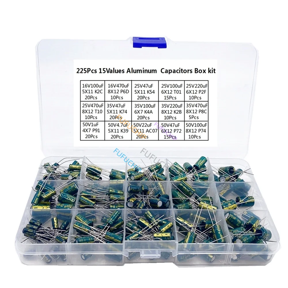 225Pcs/Box Capacitor Kit Aluminum Electrolytic Capacitors Set 15Values 16V-50V 1uF-470uF Assorted Kit Storage Low ESR