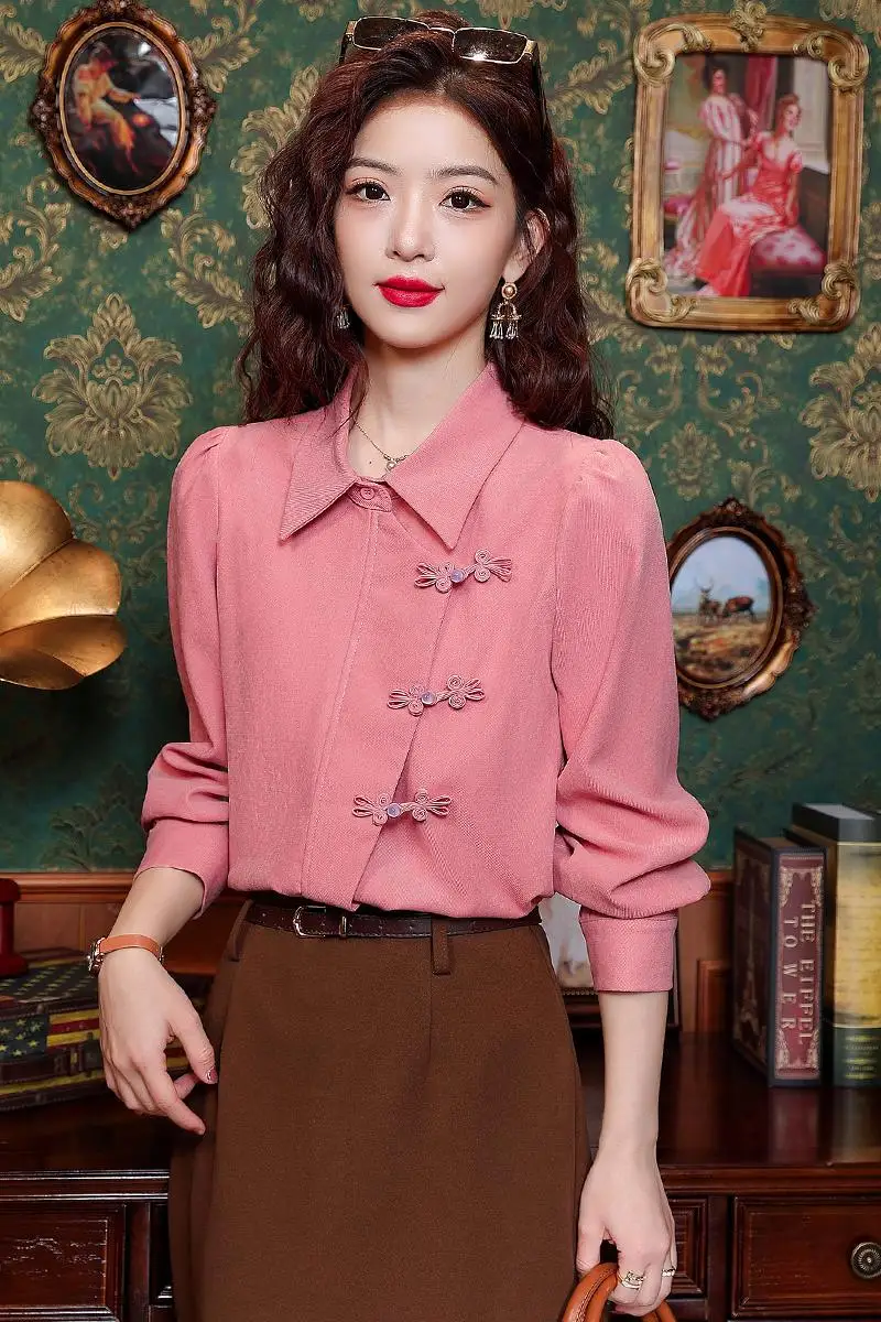 Sprint Long Sleeve Turn Down Collar Women Shirt Chinese Style Casual Shirt Blouse Women Tops  Blusas Mujer De Moda 2024 J855