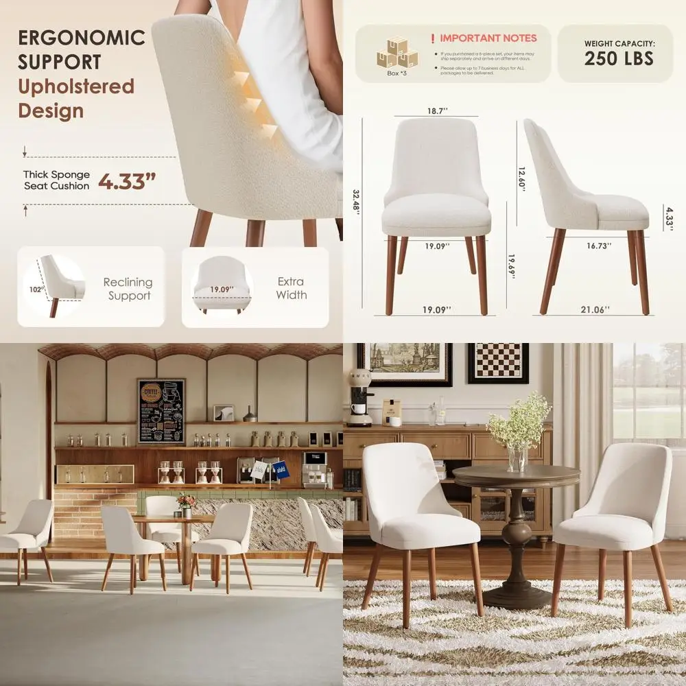 

Set of 6 Upholstered High-Back Dining Chairs with Wood Legs, Beige, Suitable for Kitchen, Dining Room, or Cafe
