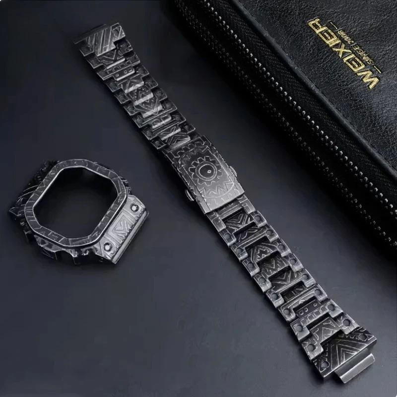 For Casio Small Square DW5600 Metal Bezel Watchband Retrofitted To Do Old Indian Style Carved Case Strap Modification Retro Band