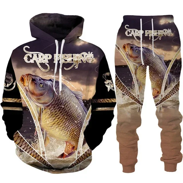 2024 New Fishing Hoodie Pant Suits 3D Print Men\'s Hooded Sweatshirts Outfit Tracksuit 2pcs Sets Outdoor Fishing Hunting Clothing