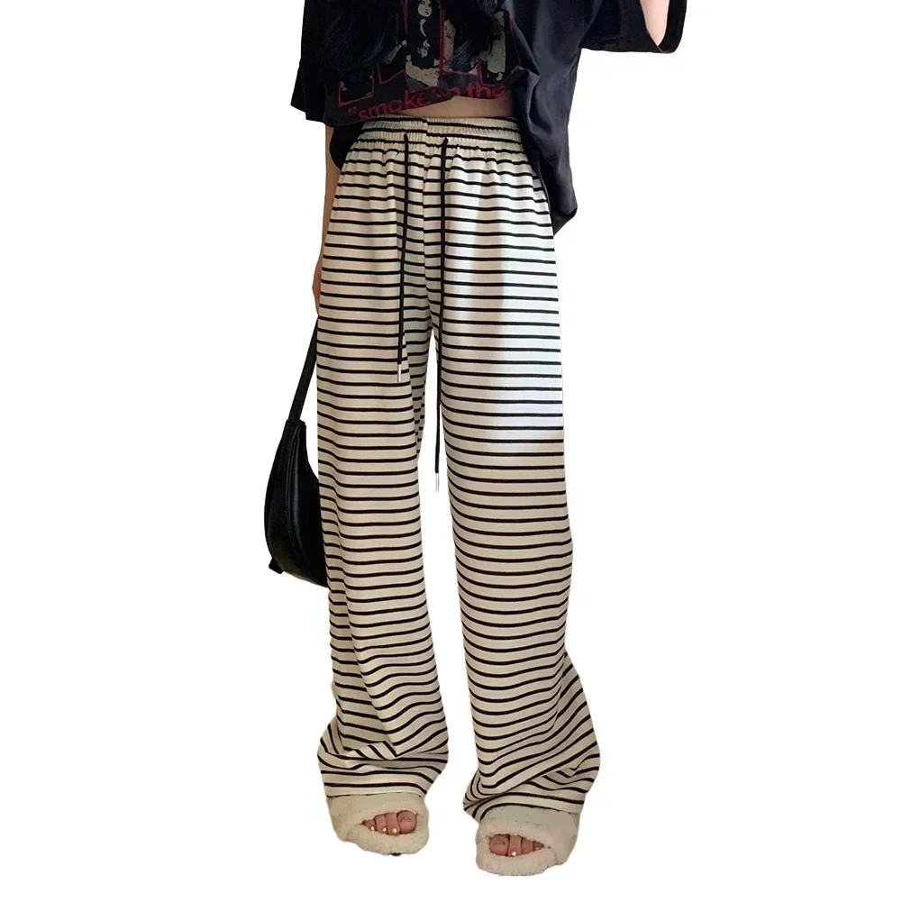 Daily Party Shopping Womens Pants Trousers All Seasons Black And White Drawstring High Waist Horizontal Stripes