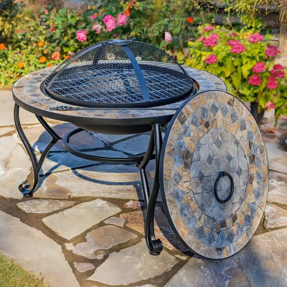 

Large 32.6in Durable Mosaic Tile Fire Pit with Metal Cover, Stainless Steel Grill, and Mesh Lid