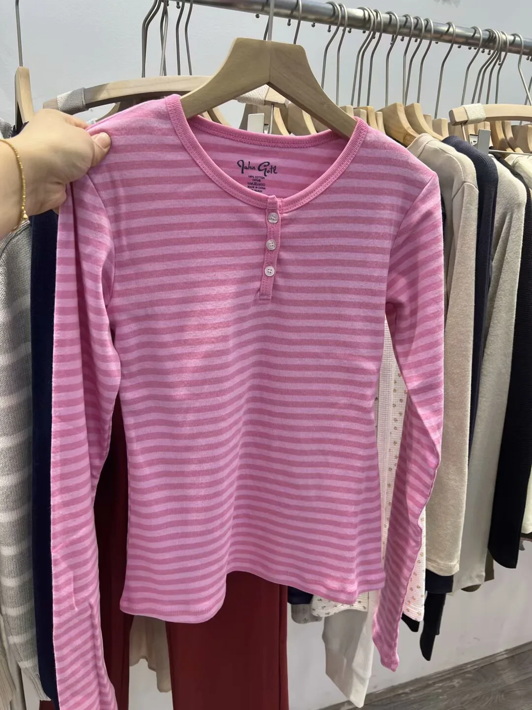 Sweet Pink Striped Slim Long Sleeve Tee Women Spring Casual Buttons Cotton O-neck Tshirt Y2K Tops Cute Simple Basic T-shirts New