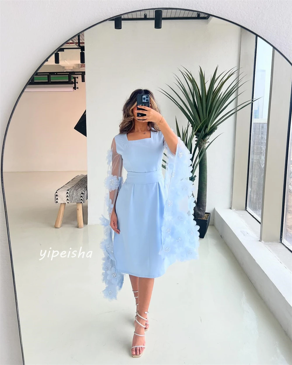 Jiayigong High Quality  Evening Jersey Draped Flower Ruffles  A-line Square Collar Bespoke Occasion Gown Knee Length Dresses