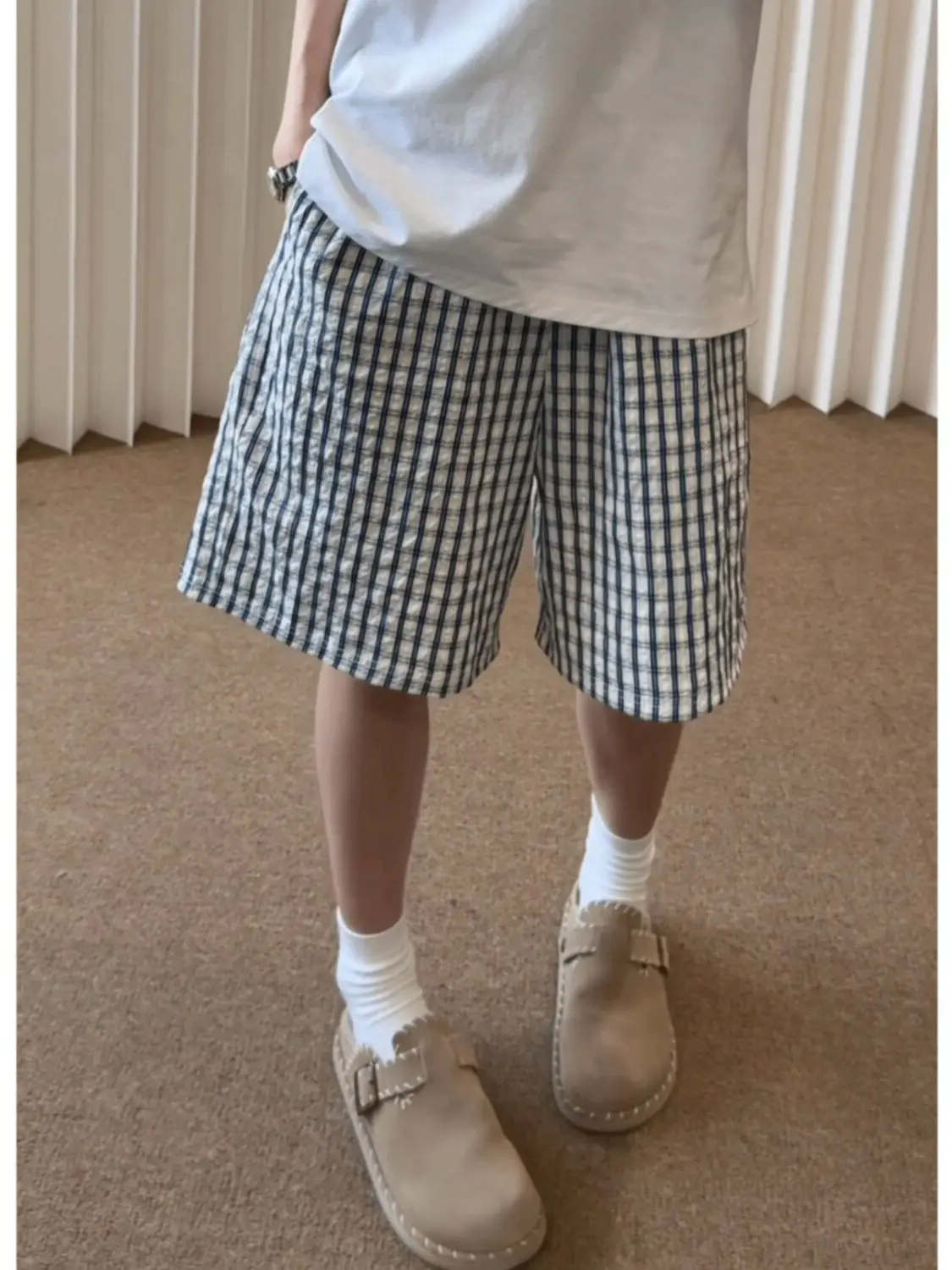 

Blue Plaid Bubble Cloth Short Pants Men Women Summer Thin Quick Dry Five-Point Straight Cut Breathable High-End Beachwear
