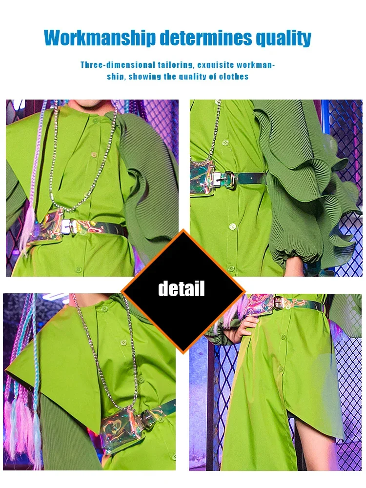 

ZZL Children's Models Show Clothes K-pop Stage Outfit Green Dress Butterfly Sleeve Autumn Winter Jazz Hip-hop Performance Wear