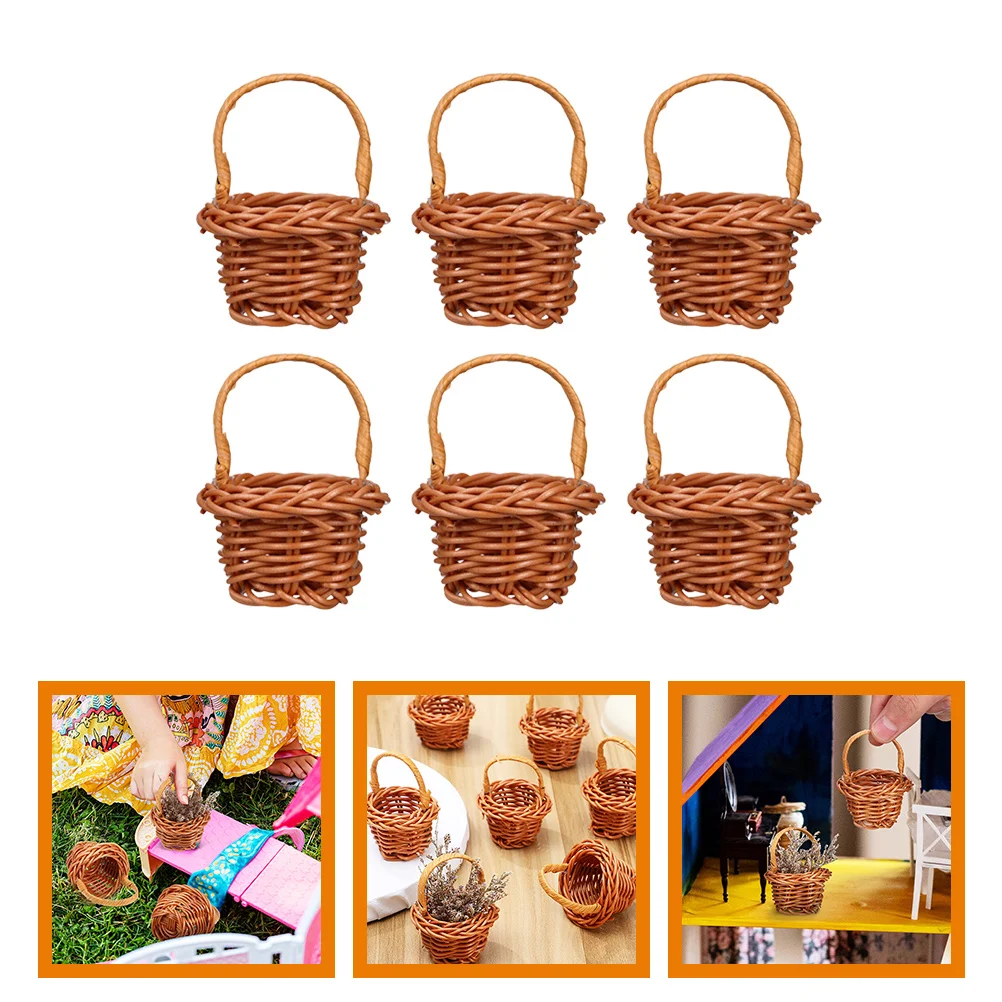 6 Pcs Woven Basket Mini House Accessories Wicker Baskets Tiny Plastic Micro Scene Bulk Toys