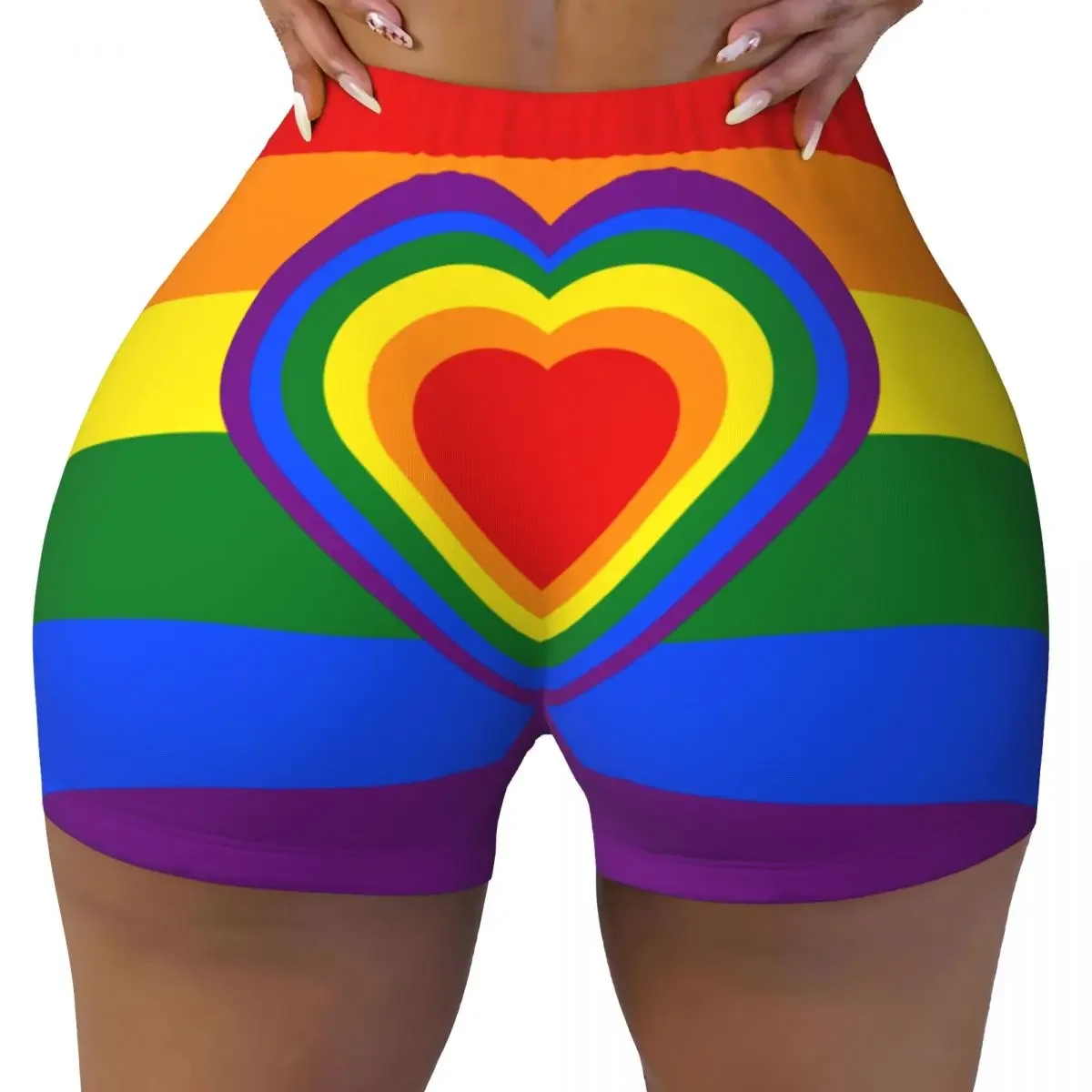 Pantaloncini da yoga da donna Bandiera arcobaleno con cuori Stile scrunch Booty Butt Lifting Comfort Fitness Gym