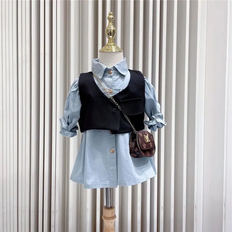 Girls' Spring and Autumn Clothing Set Fashion New Children's Mid to Long Length Shirt Skirt+Vest Two Piece Set