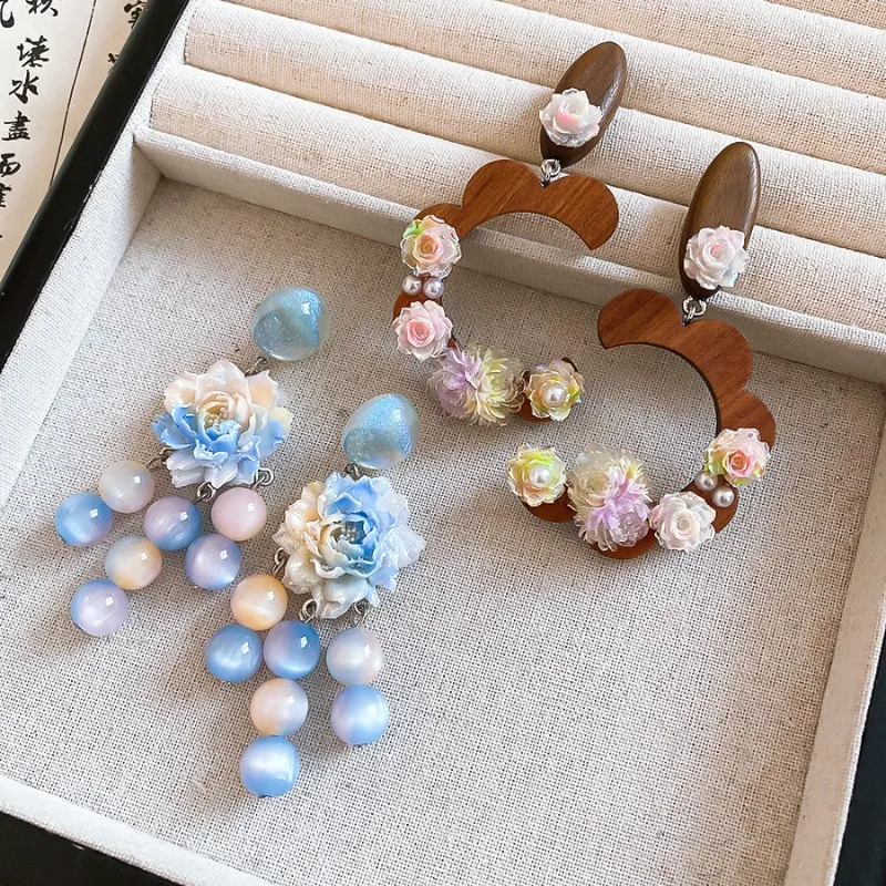 Minar Fantasy Rainbow Gradient Color Resin Flower Beads Ball Long Drop Earrings for Women Ladies Wedding Beach Jewelry Wholesale