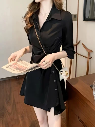 Vestido de gasa de estilo francés de primavera y verano para mujer con cintura irregular que resalta un diseño adelgazante de manga larga