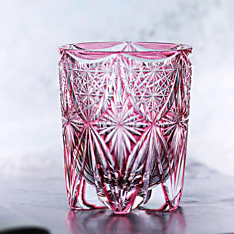 

Free Shipping Edo-Kiriko Style Glass Pink Whiskey Cup With With Exquisite and Complex Hand-carved Patterns With Gift Box