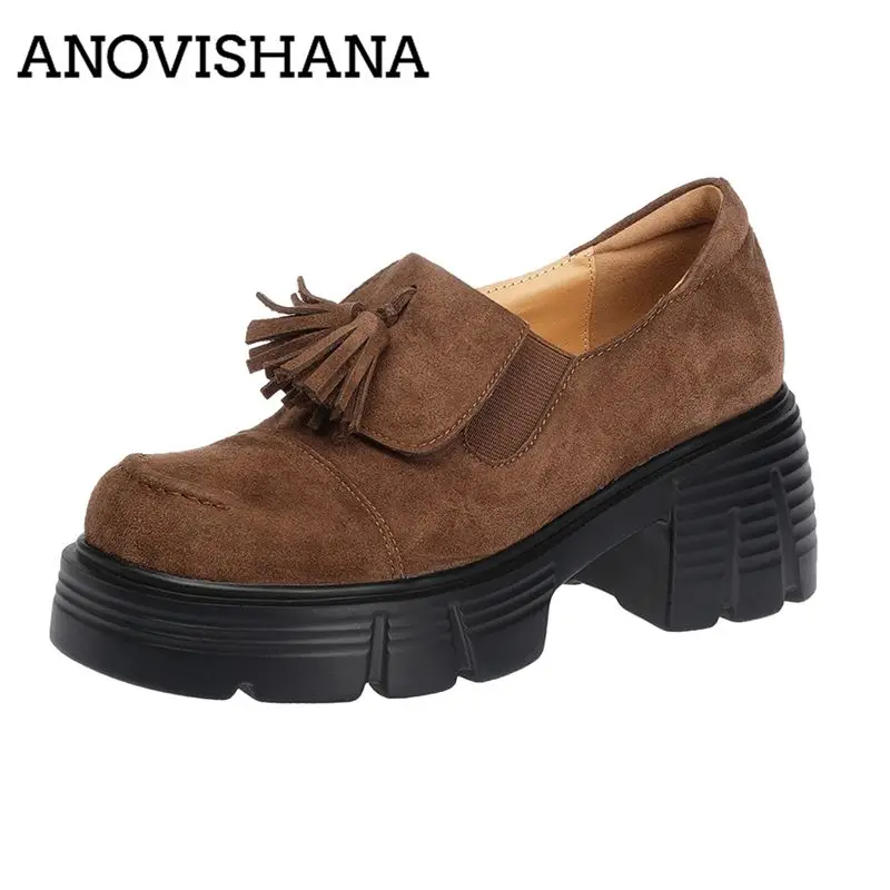 ANOVISHANA Designer Cow Suede Leather Women Pumps Round Toe Slip 7.5cm Block Heels Sole 3.5cm Platform Sweet Daily Fringe Loafer